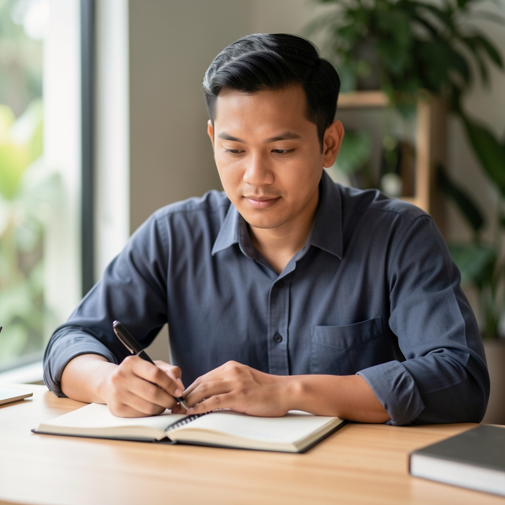 Man journalling at a clean wooden desk under soft daylight, editorial portrait composition